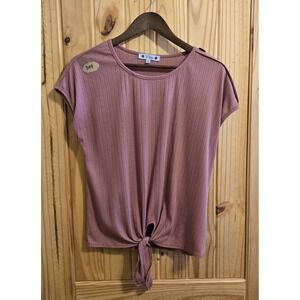 Wild Womens Short Sleeve Top Size XL Boho Button Detail Dusty Pink Round Neck